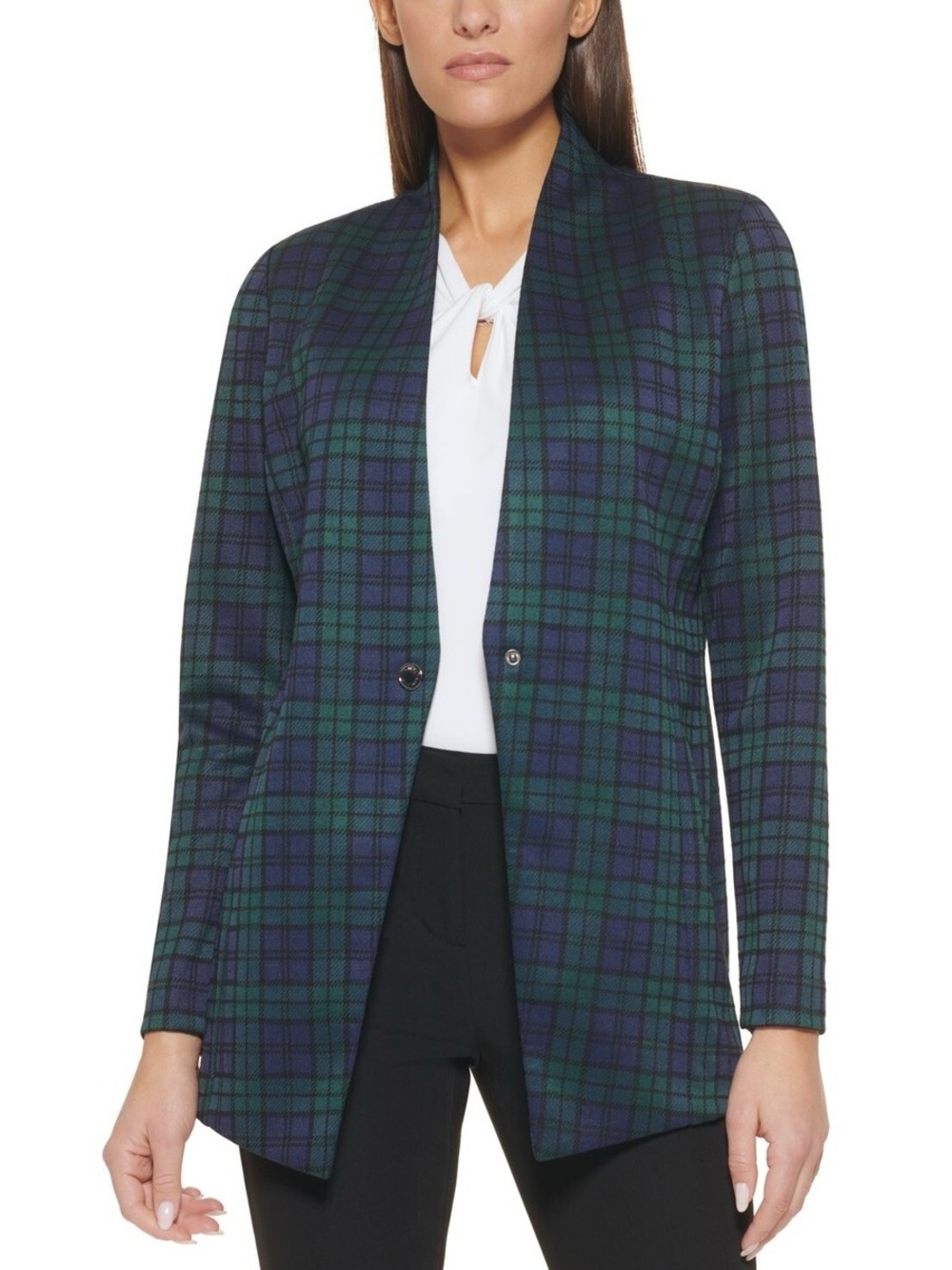 Tommy Hilfiger Navy & Green Plaid Open-Front Blazer Size 16